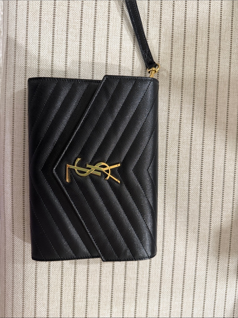 Saint Laurent Black Quilted Leather Mini Wristlet with Gold YSL